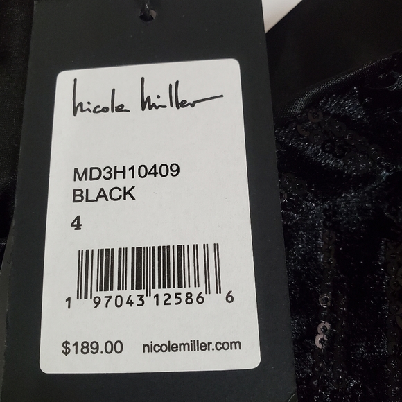 $189 Nicole Miller Women's 4 Black One-Shoulder Sheath Siquin Velvet Dress New. - Picture 5 of 5